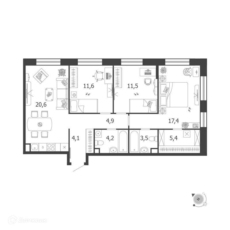 3-комнатная квартира 83.7 м² Шагал