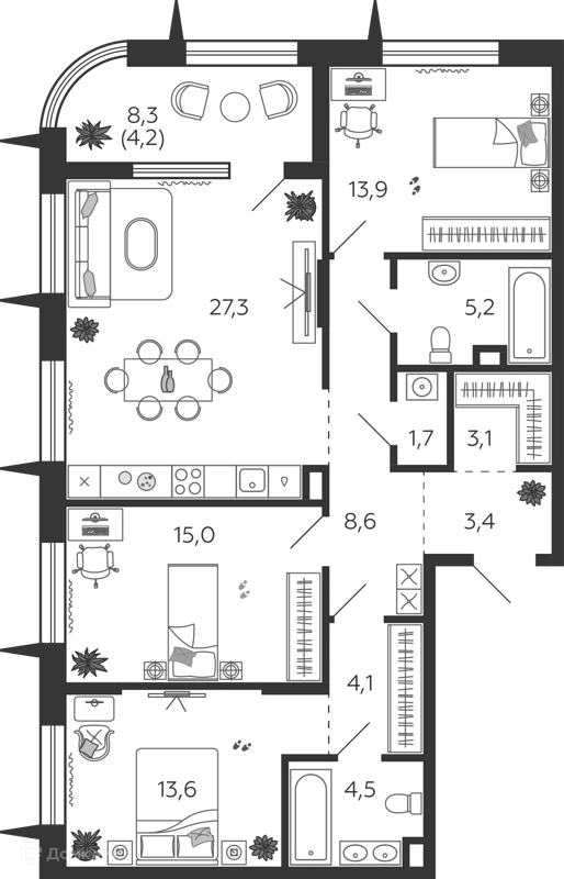 3-комнатная квартира 104.3 м² Шагал