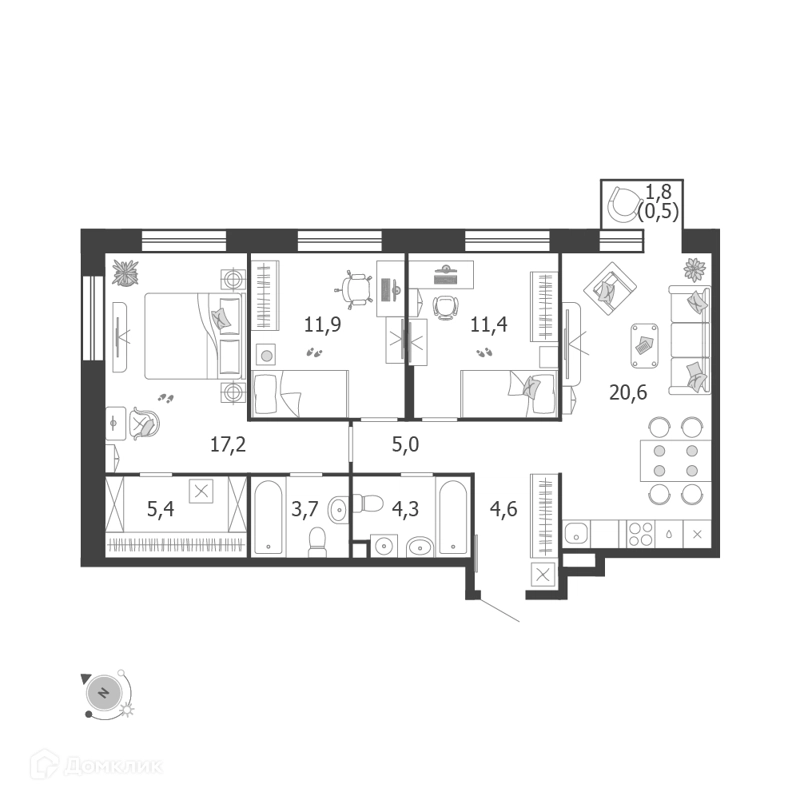 3-комнатная квартира 85.1 м² Шагал