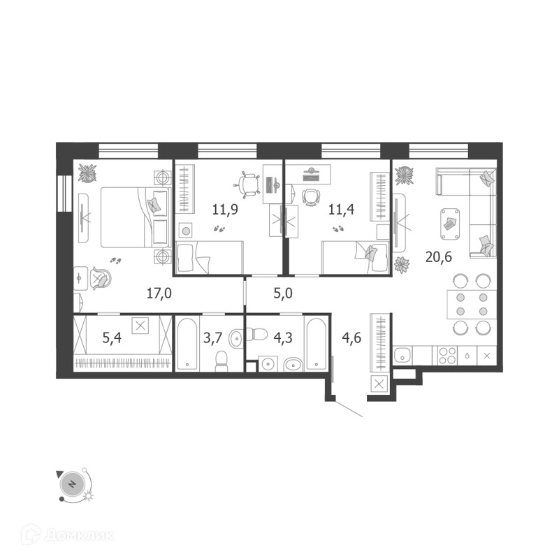 3-комнатная квартира 84.4 м² Шагал