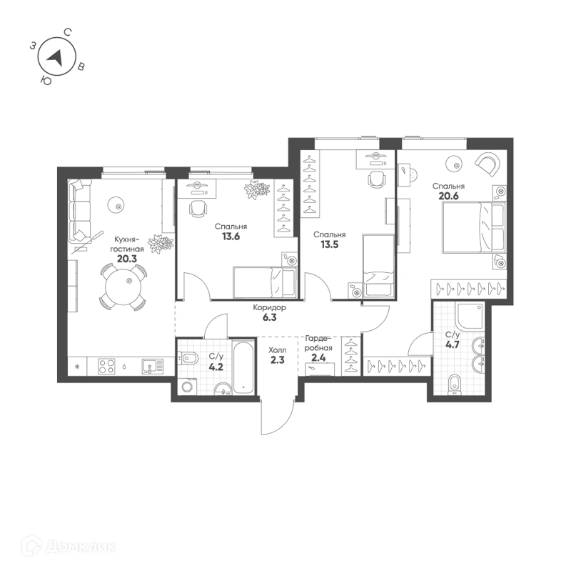 3-комнатная квартира 87.9 м² Шагал