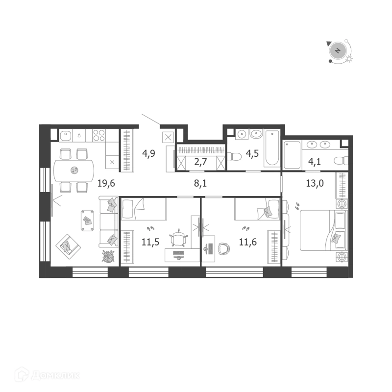 3-комнатная квартира 80 м² Шагал