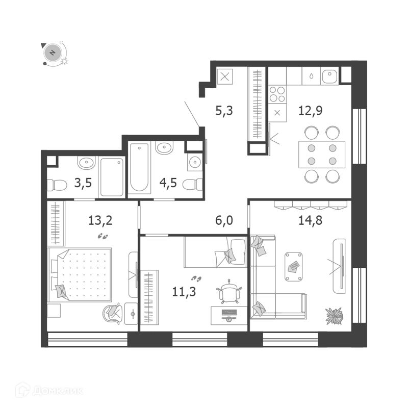 3-комнатная квартира 71.5 м² Шагал