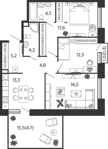 3-комнатная квартира 83.3 м² Шагал