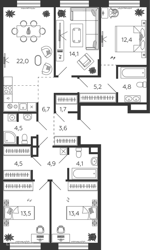 4-комнатная квартира 115.7 м² Шагал