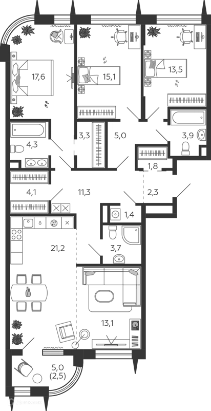 4-комнатная квартира 123.7 м² Шагал