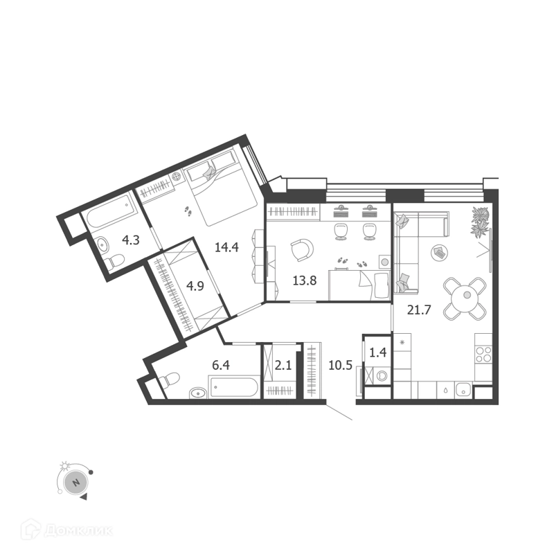 2-комнатная квартира 79.5 м² Воксхолл
