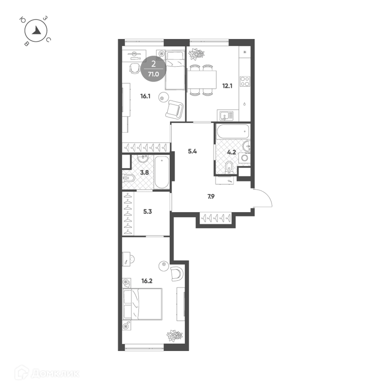 2-комнатная квартира 71 м² Воксхолл