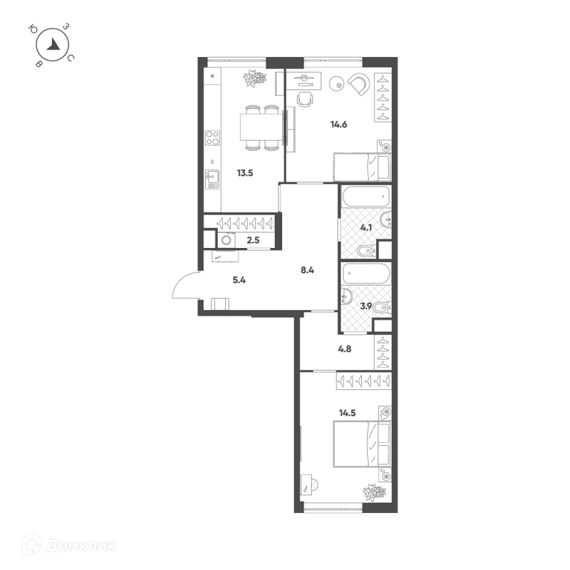 2-комнатная квартира 71.7 м² Воксхолл