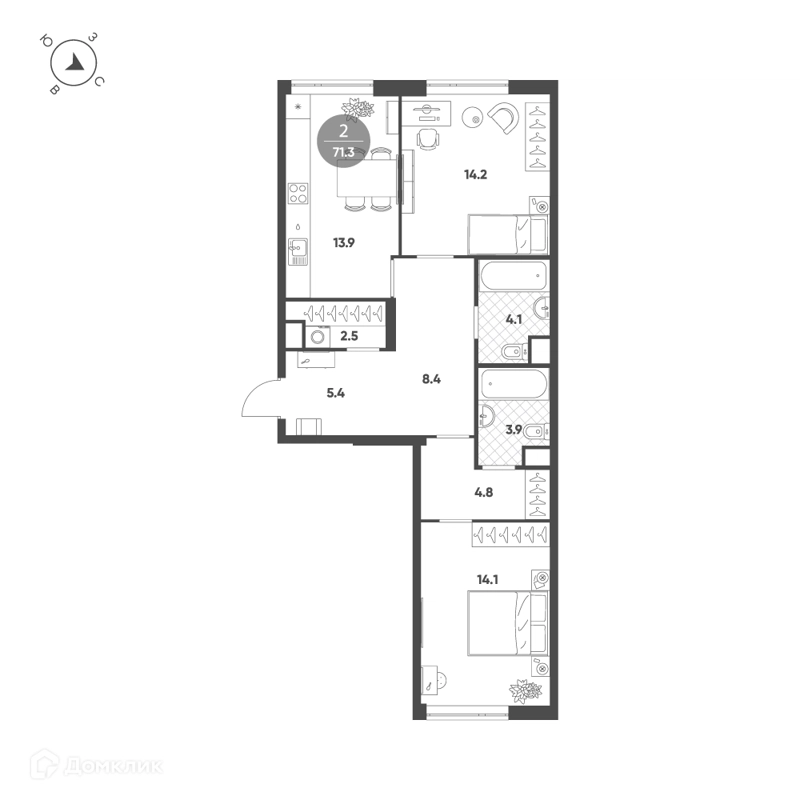 2-комнатная квартира 71.3 м² Воксхолл