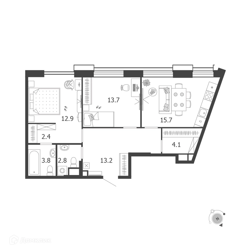2-комнатная квартира 68.6 м² Воксхолл