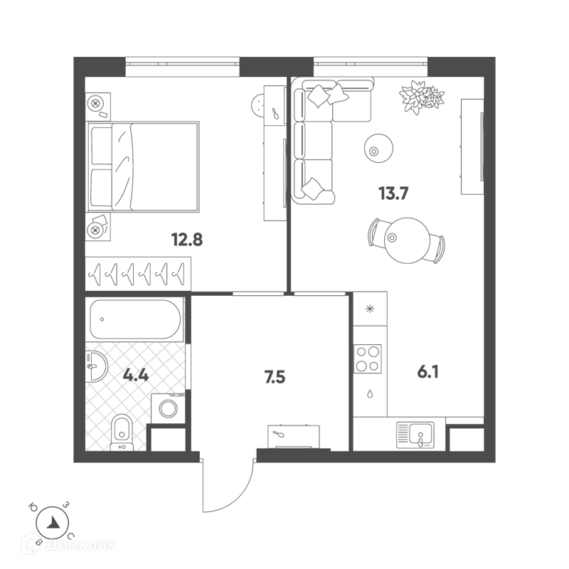 2-комнатная квартира 44.5 м² Воксхолл