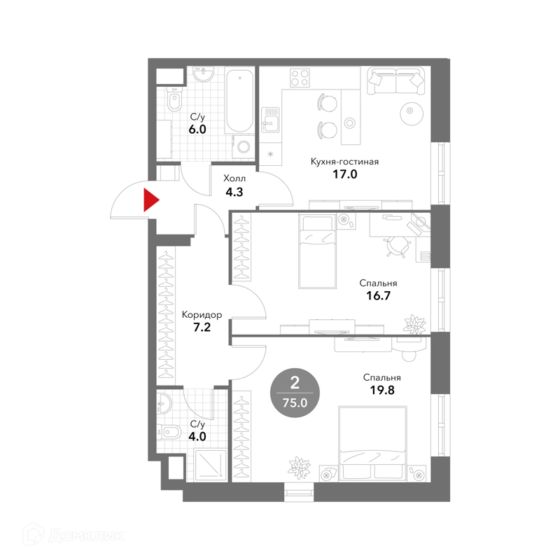 2-комнатная квартира 75.1 м² Воксхолл