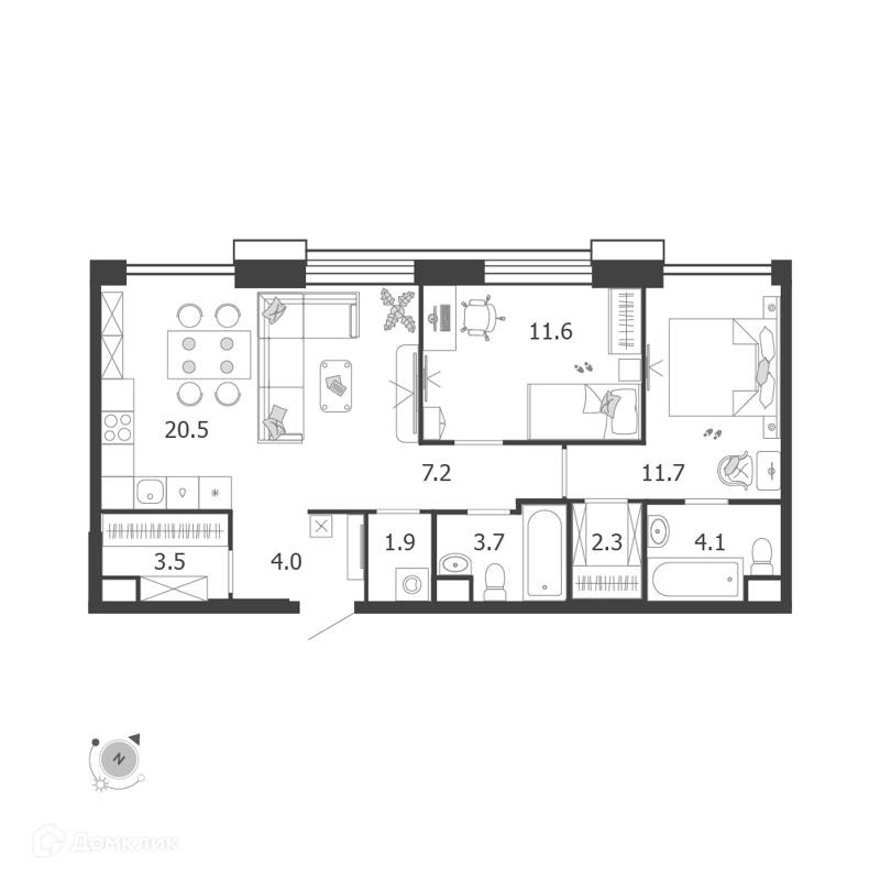 2-комнатная квартира 70.6 м² Воксхолл