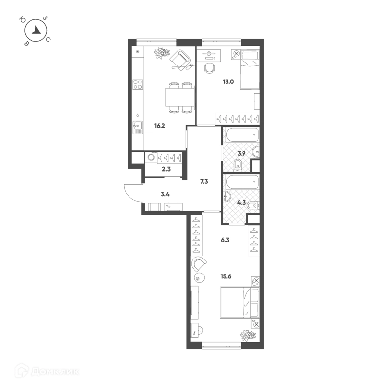 2-комнатная квартира 72.3 м² Воксхолл