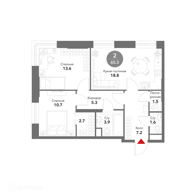 2-комнатная квартира 64.9 м² Воксхолл