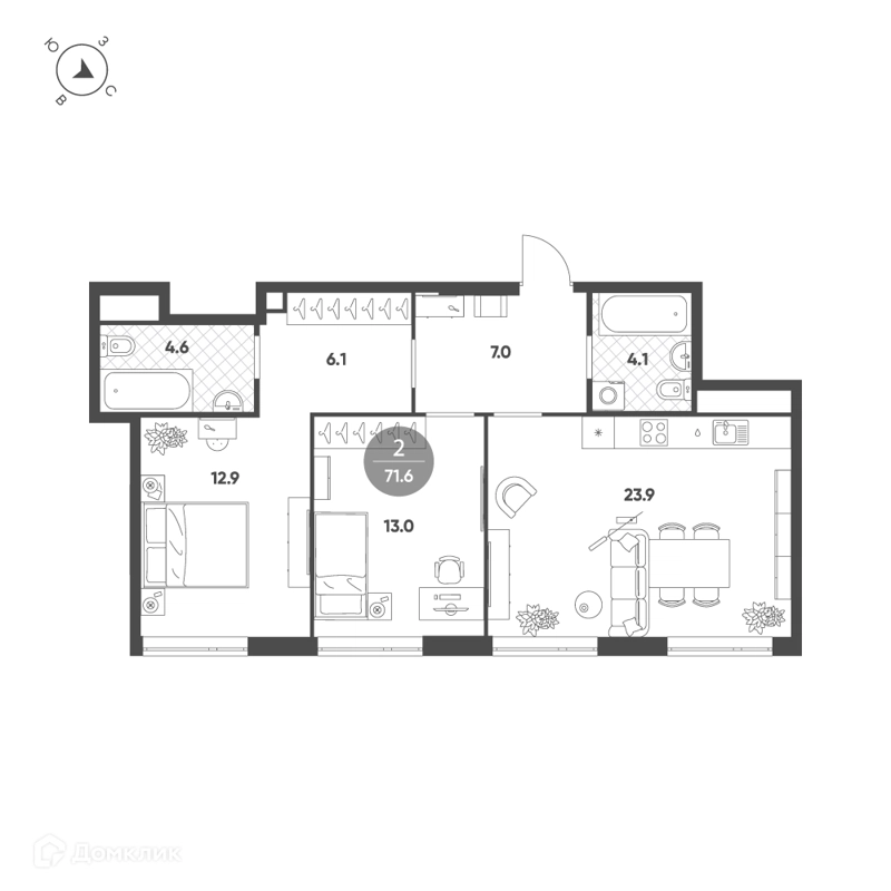 2-комнатная квартира 71.6 м² Воксхолл