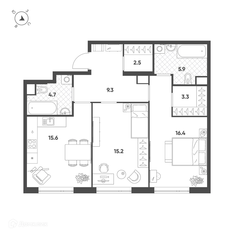 2-комнатная квартира 72.9 м² Воксхолл