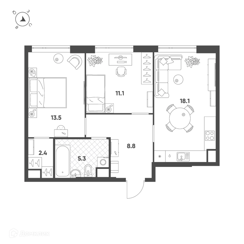 2-комнатная квартира 59.2 м² Воксхолл