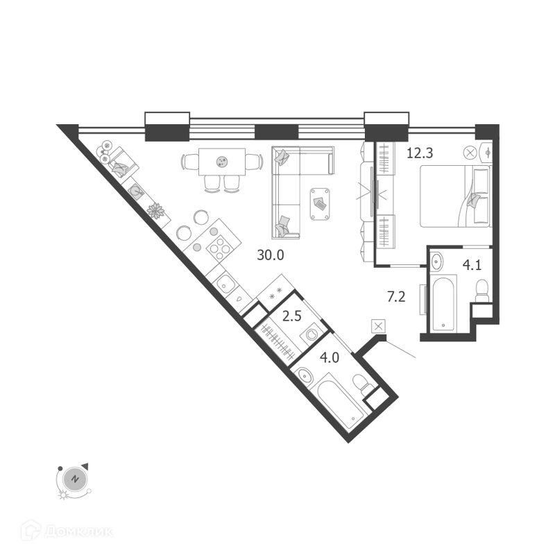 2-комнатная квартира 60.1 м² Воксхолл