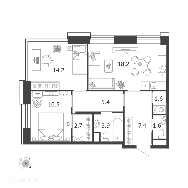 2-комнатная квартира 65.5 м² Воксхолл