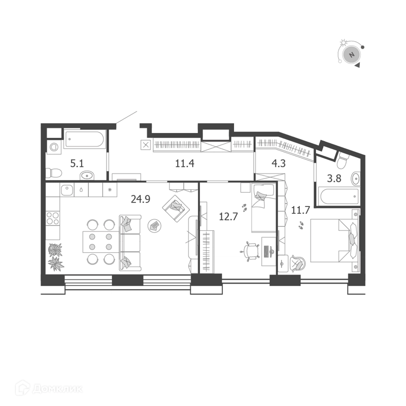2-комнатная квартира 73.9 м² Воксхолл