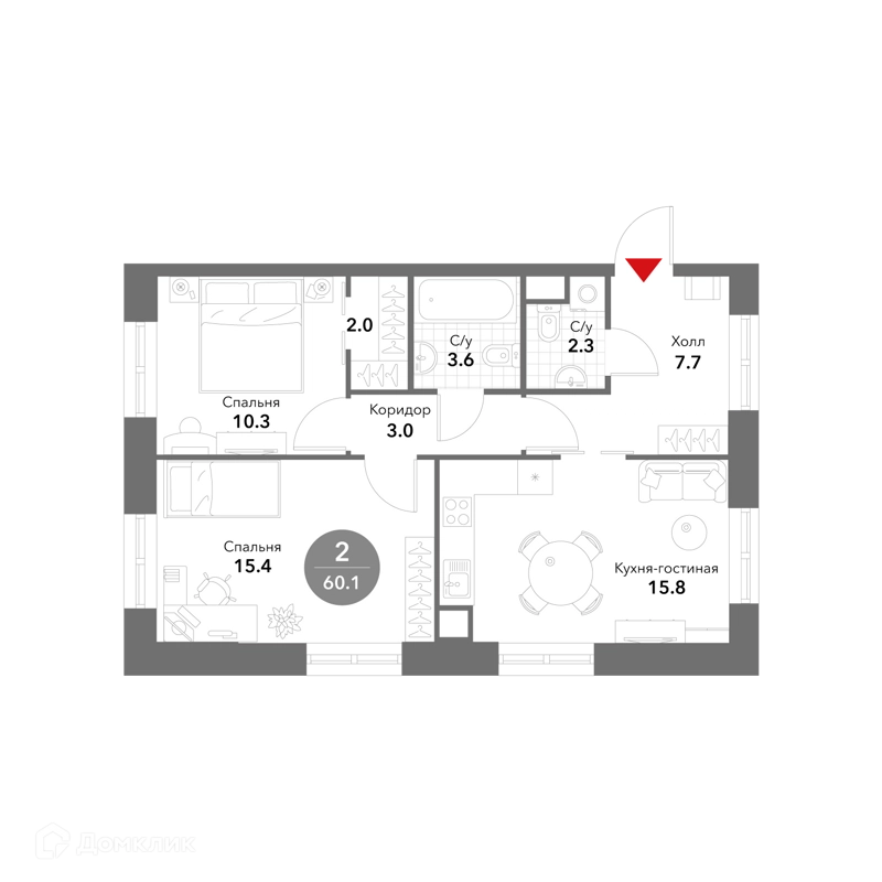 2-комнатная квартира 60.1 м² Воксхолл
