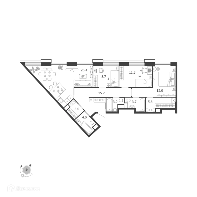 3-комнатная квартира 96.1 м² Воксхолл