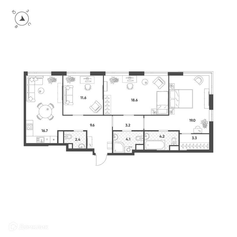 3-комнатная квартира 92.7 м² Воксхолл