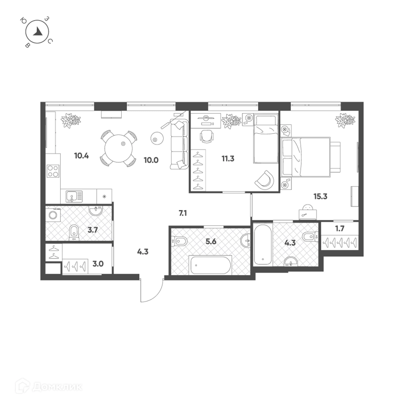 3-комнатная квартира 76.7 м² Воксхолл