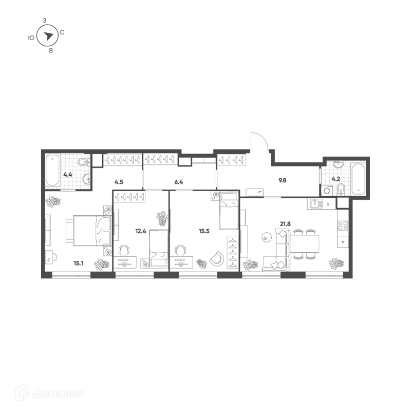3-комнатная квартира 94.1 м² Воксхолл
