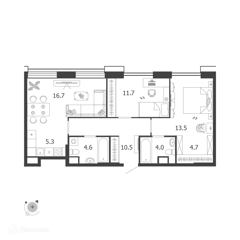3-комнатная квартира 71 м² Воксхолл