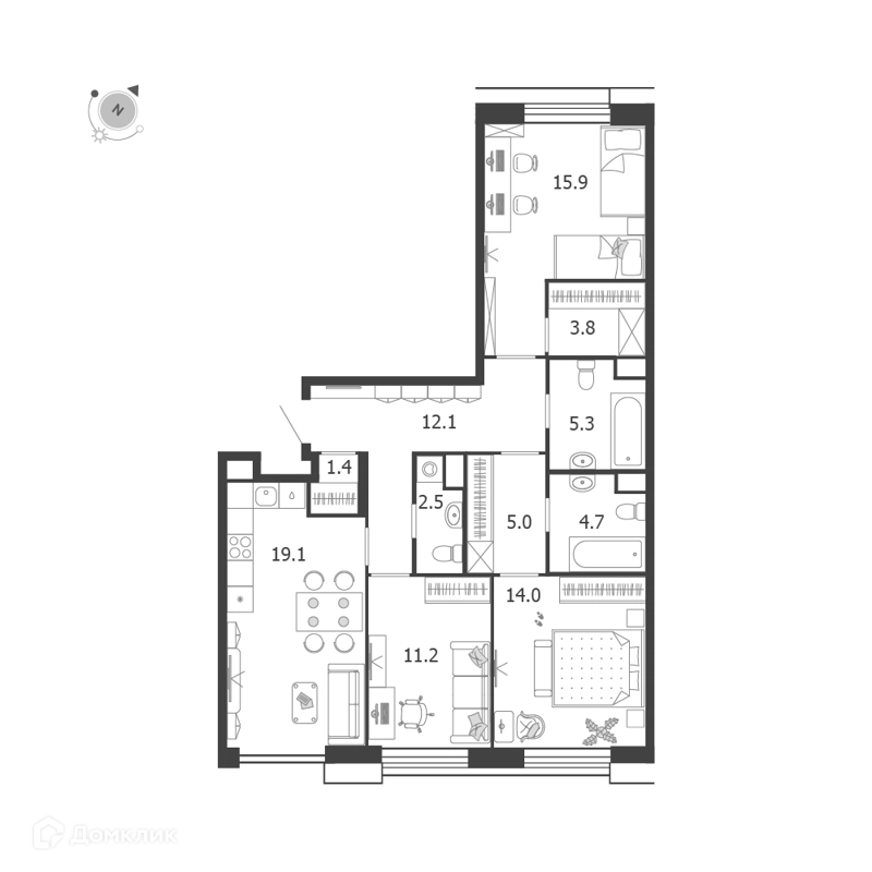 3-комнатная квартира 95.1 м² Воксхолл