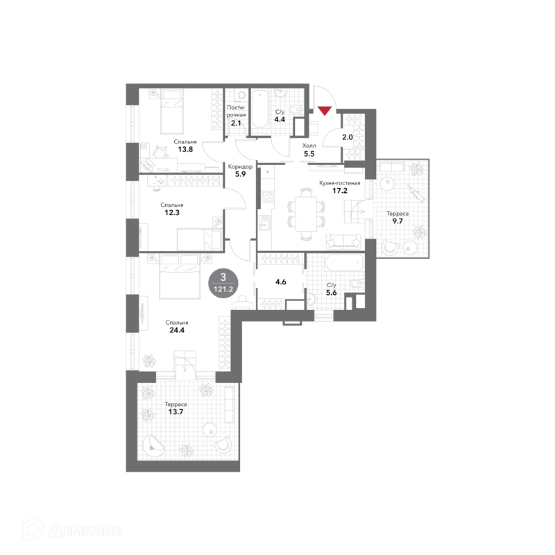 3-комнатная квартира 124.2 м² Воксхолл