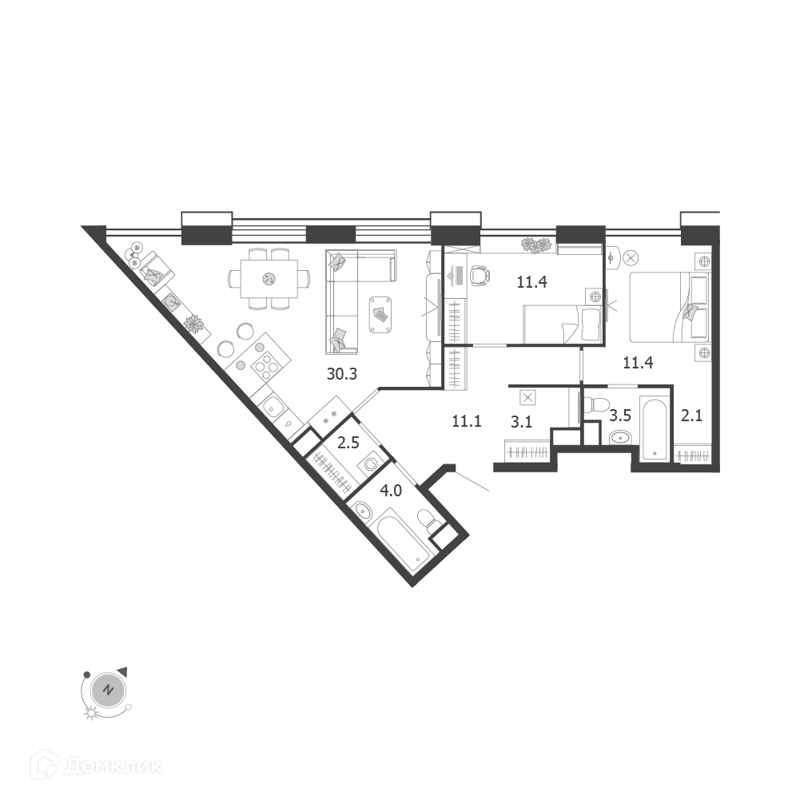 3-комнатная квартира 79.4 м² Воксхолл