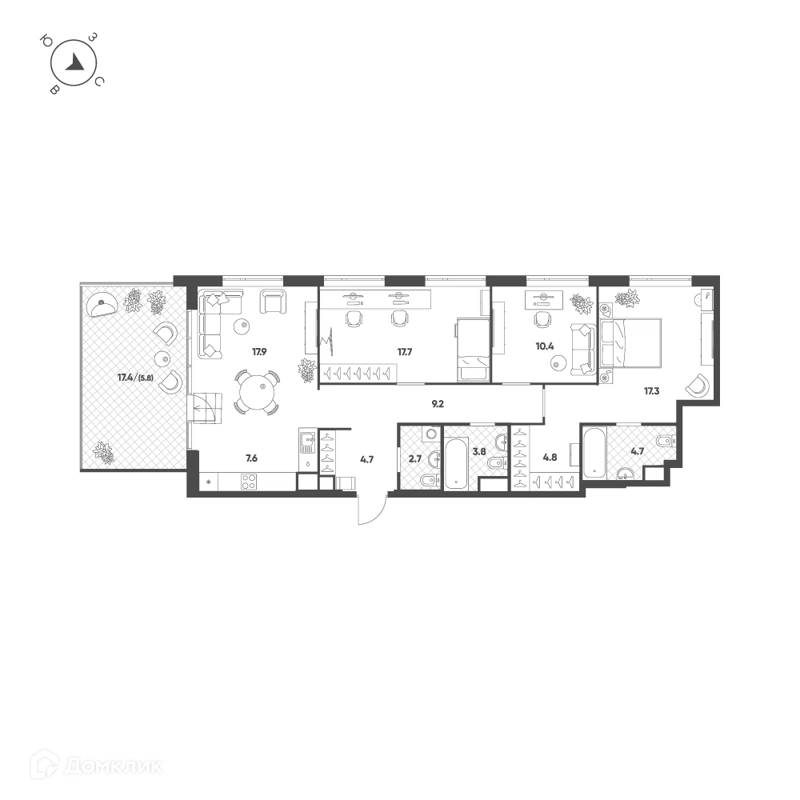 4-комнатная квартира 106.3 м² Воксхолл