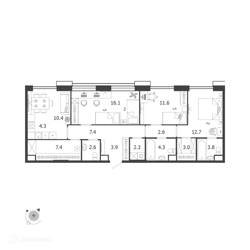4-комнатная квартира 92.2 м² Воксхолл