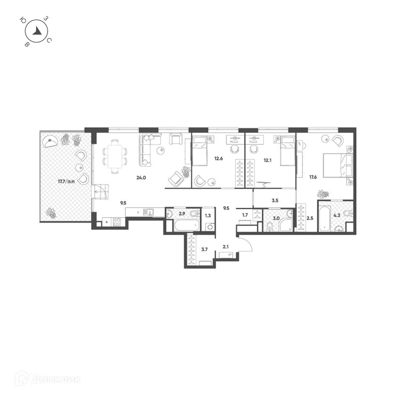 4-комнатная квартира 116.2 м² Воксхолл