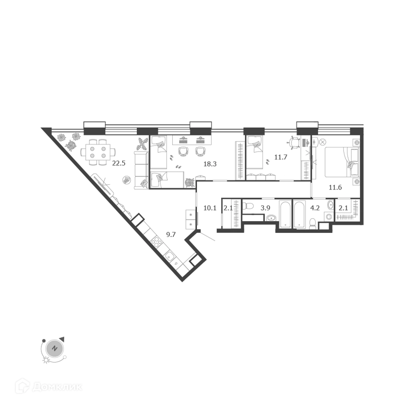 4-комнатная квартира 96.2 м² Воксхолл