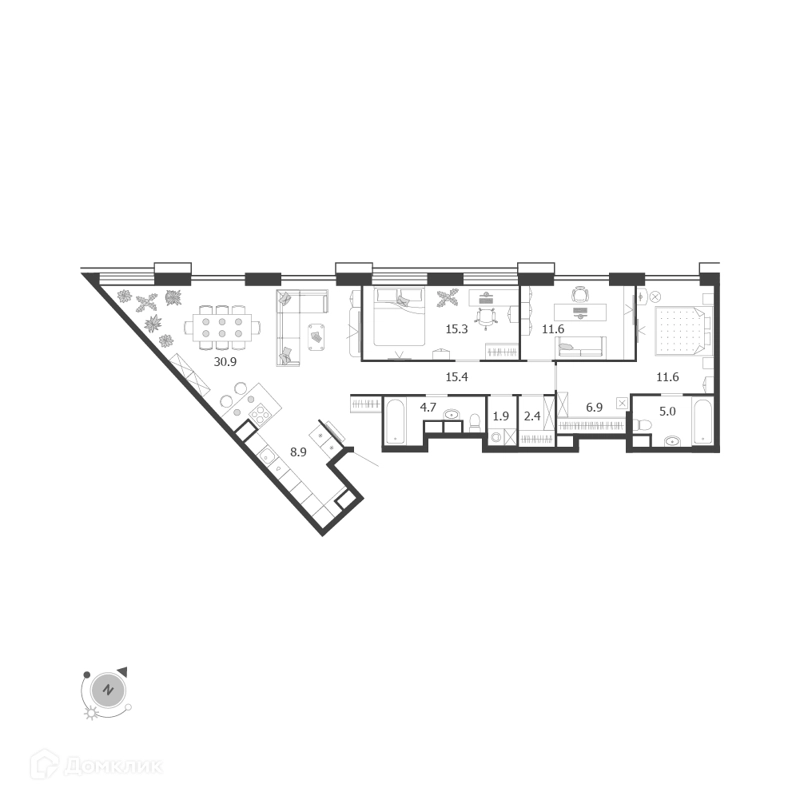 4-комнатная квартира 114.6 м² Воксхолл
