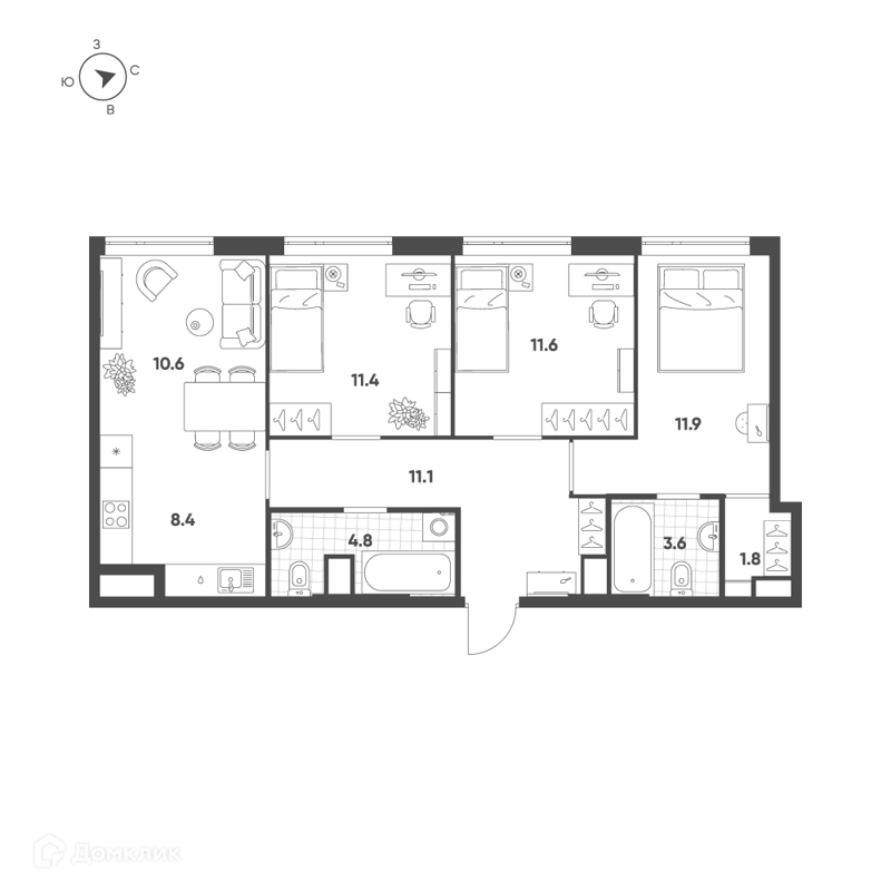 4-комнатная квартира 75.2 м² Воксхолл