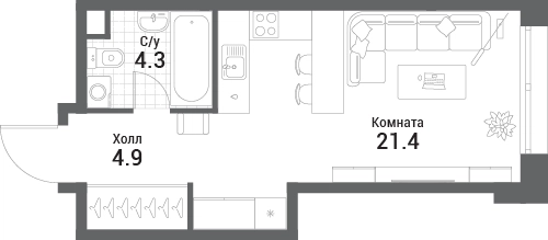 Студия 30.6 м² Нагатино Ай-Лэнд
