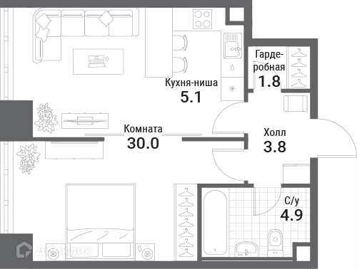 1-комнатная квартира 45.6 м² Нагатино Ай-Лэнд
