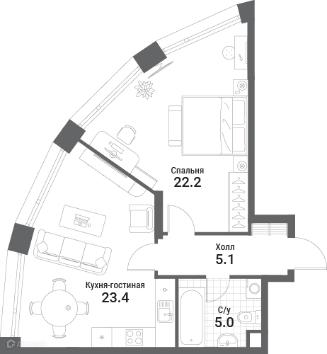 1-комнатная квартира 55.7 м² Нагатино Ай-Лэнд