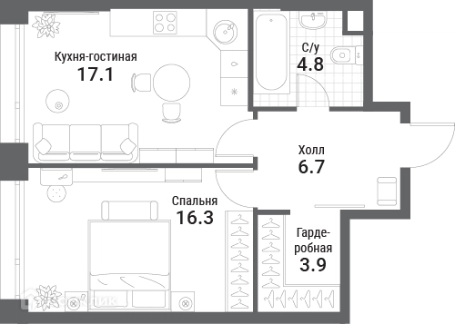 1-комнатная квартира 48.8 м² Нагатино Ай-Лэнд