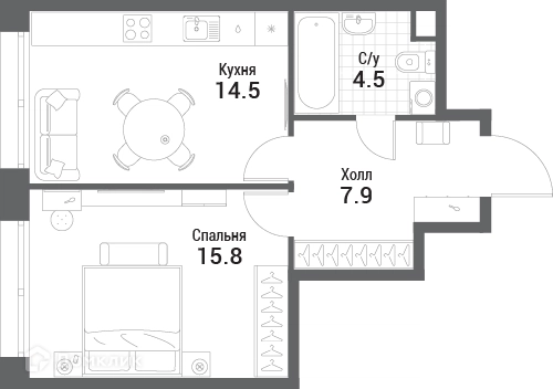 1-комнатная квартира 42.7 м² Нагатино Ай-Лэнд