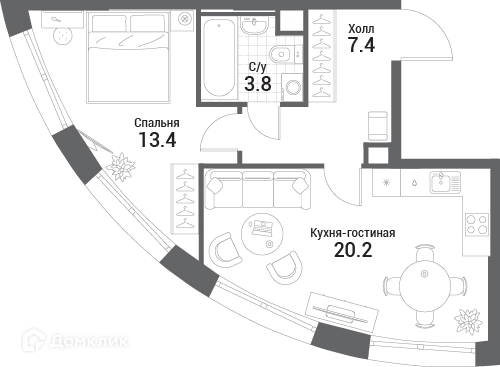 1-комнатная квартира 44.8 м² Нагатино Ай-Лэнд