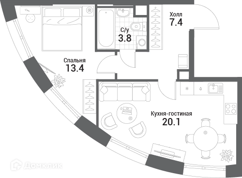 1-комнатная квартира 44.7 м² Нагатино Ай-Лэнд