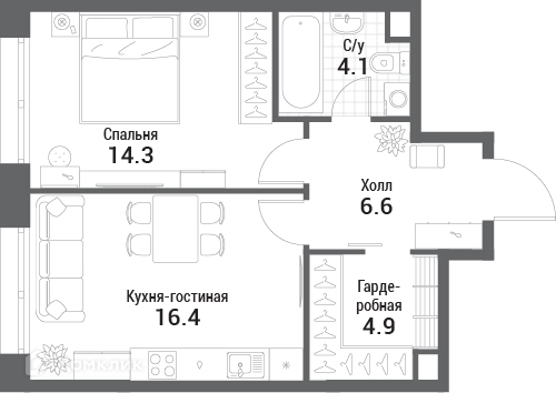 1-комнатная квартира 46.3 м² Нагатино Ай-Лэнд