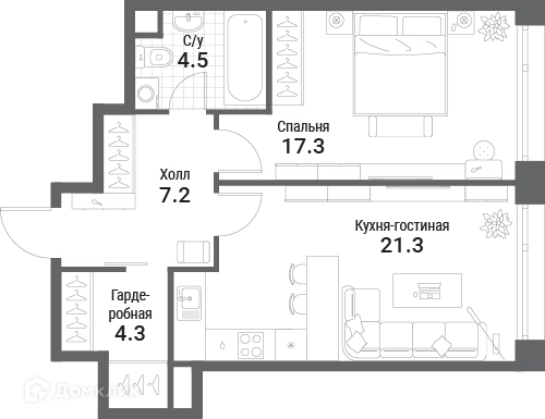 1-комнатная квартира 54.6 м² Нагатино Ай-Лэнд